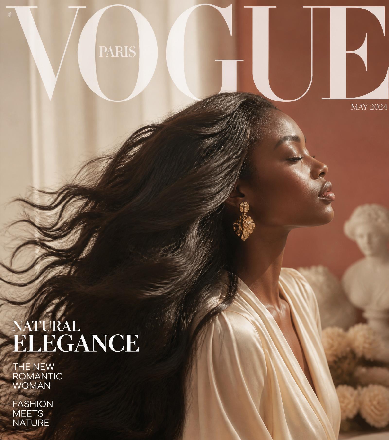 Editorial portrait of a woman with flowing premium hair